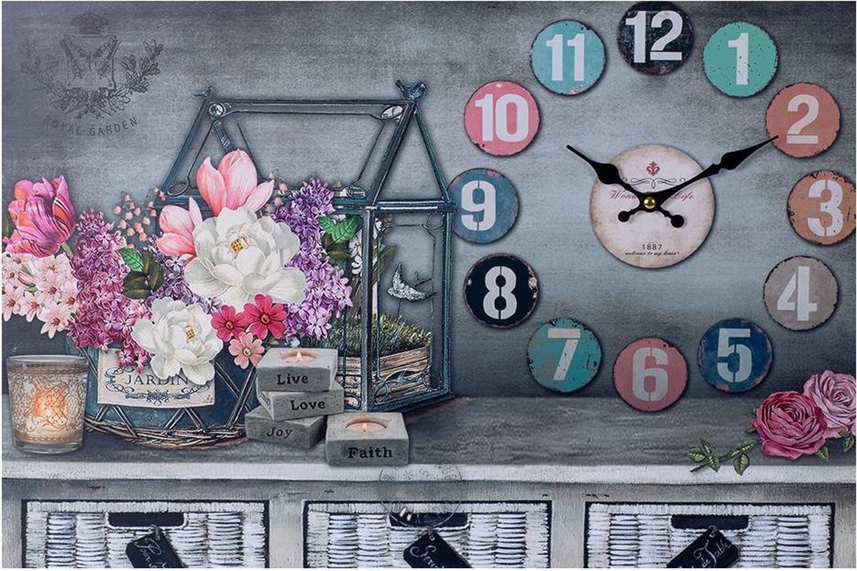 Decopatent Xl Canvas Schilderij Wandklok Clock Gardenhouse Candles & Flowers Met