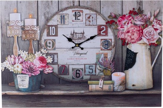 Decopatent Xl Canvas Schilderij Wandklok Paris & Flowers Met Klok - Wand Klok