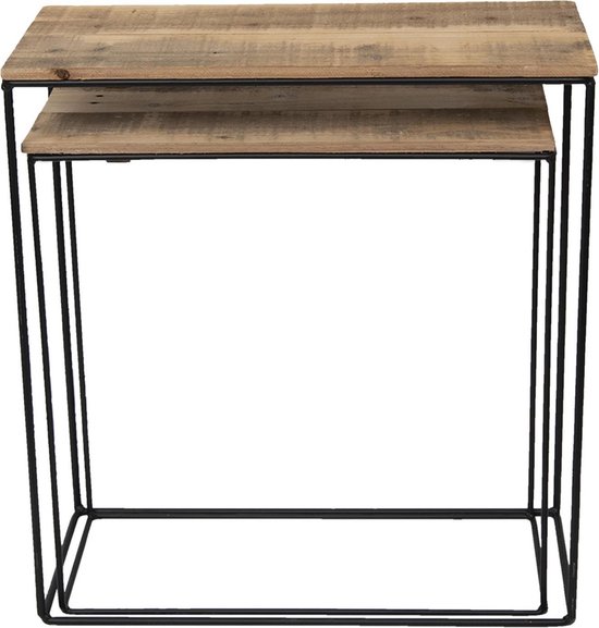 Clayre & Eef Bijzettafel (Set Van 2) 60*25*65 Cm / 55*22*56 Cm Hout / Ijzer 50307 - Bruin