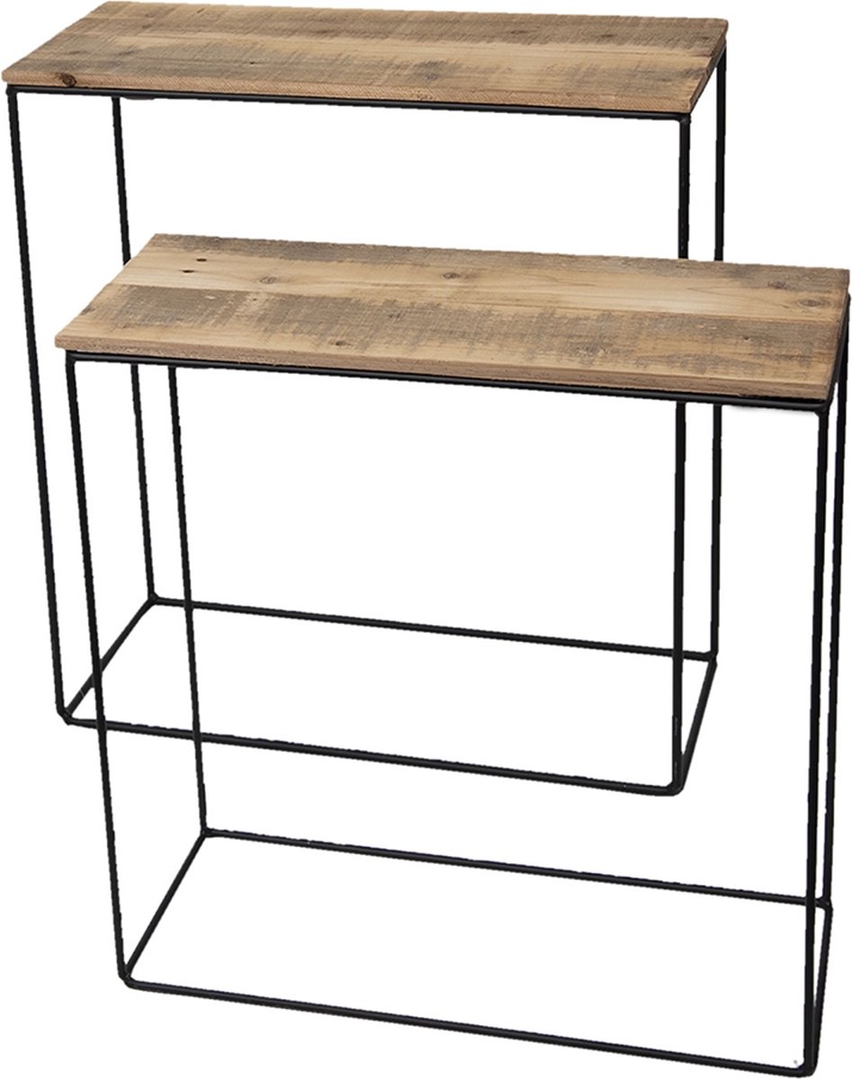 Clayre & Eef Bijzettafel (Set Van 2) 60*25*65 Cm / 55*22*56 Cm Hout / Ijzer 50307 - Bruin