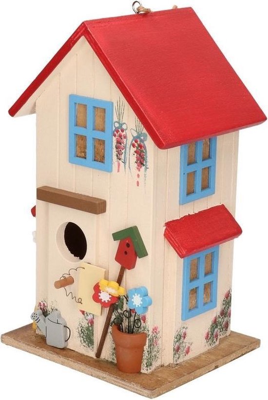 Houten Vogelhuisje/nestkastje/rood 26 Cm - Tuindecoratie Vogelhuisjes - Wit