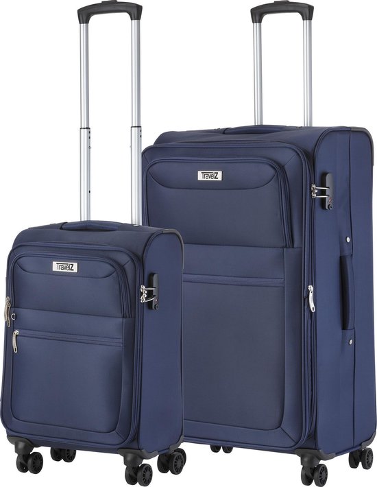 TRAVELZ Softspinner Tsa Kofferset - 2-delig Handbagage + Groot Formaat - Dubbele Wielen - - Blauw