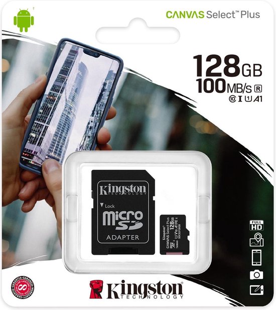 Kingston microSDXC Canvas Select Plus 128GB 100 MB/s + SD adapter - Zwart