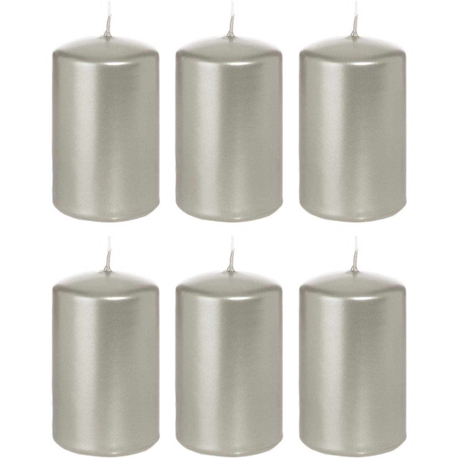 Trend Candles 6x Zilveren Cilinderkaarsen/stompkaarsen 5 X 8 Cm 18 Branduren - Geurloze Zilverkleurige Kaarsen - Woondecoraties - Silver