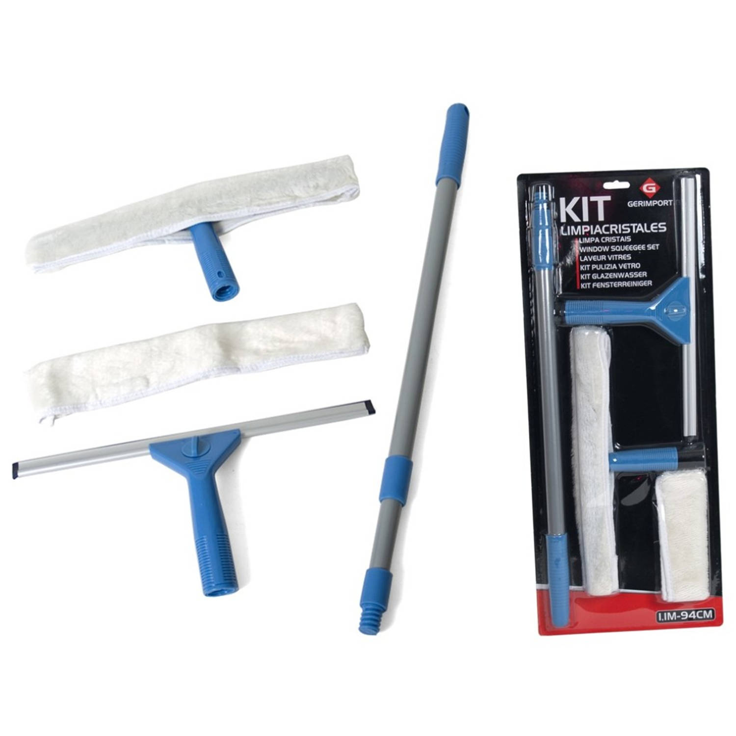 Gerimport - Glazenwasserset 4-delig - Uittrekbaar Steel 1.1m - Starterskit - Ramen Reinigen - Raamwisser, - Blauw