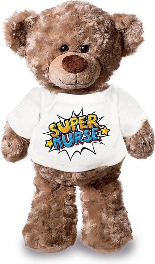 Bellatio Decorations Super Nurse/ Zuster Pluche Teddybeer Knuffel 24 Cm Met Pop Art T-shirt - Super Nurse / Cadeau Knuffelbeer - Wit