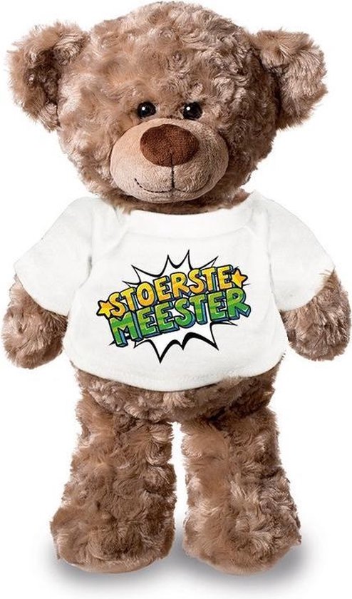 Bellatio Decorations Stoerste Meester Pluche Teddybeer Knuffel 24 Cm Met Pop Art T-shirt - Stoerste Meester / Cadeau Knuffelbeer - Wit