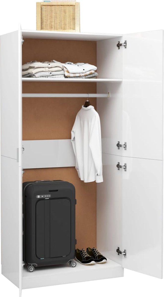 Vidaxl Kledingkast 90x52x200 Cm Spaanplaat Hoogglans - Wit