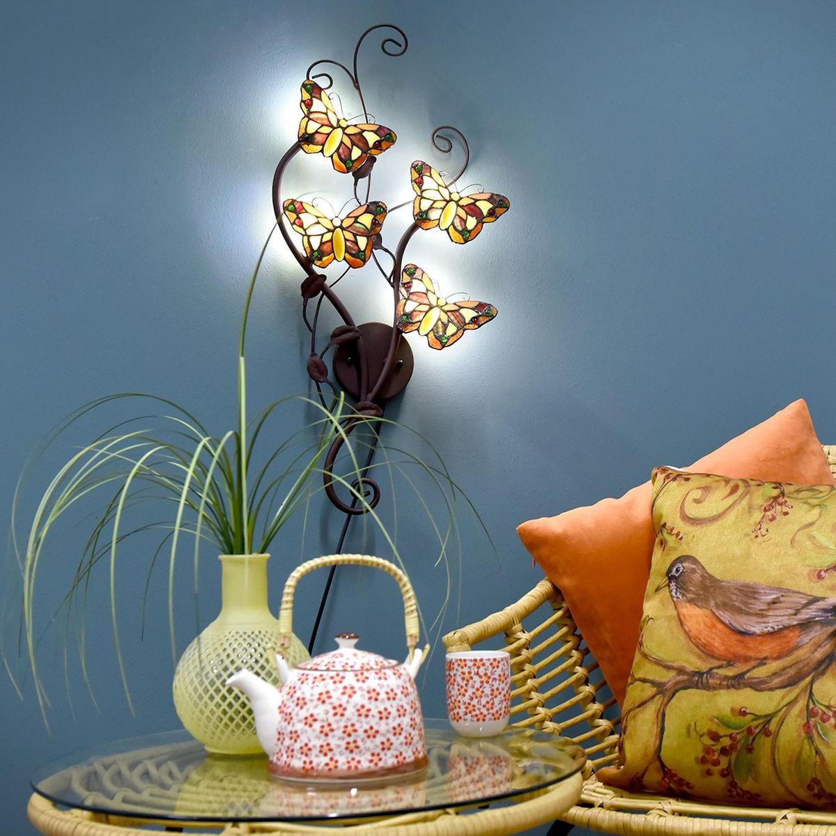 Clayre & Eef Lumilamp Wandlamp Tiffany 32*8*68 Cm G4 Led /Max 4*2w Meerkleurig Metaal / Glas Vlinder 5ll-5979 - Geel