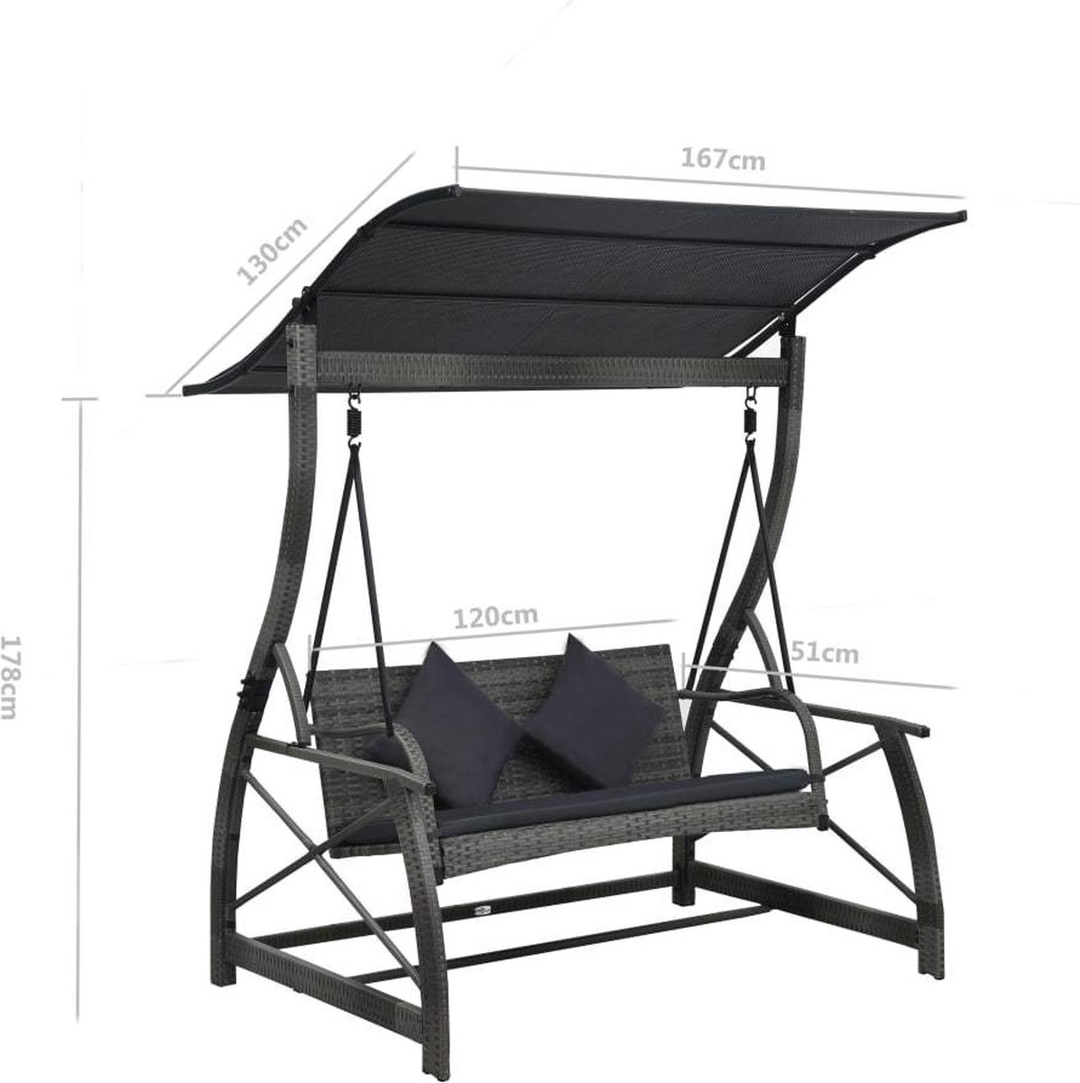 Vidaxl Schommelbank 3-zits Met Dak Poly Rattan - Grijs