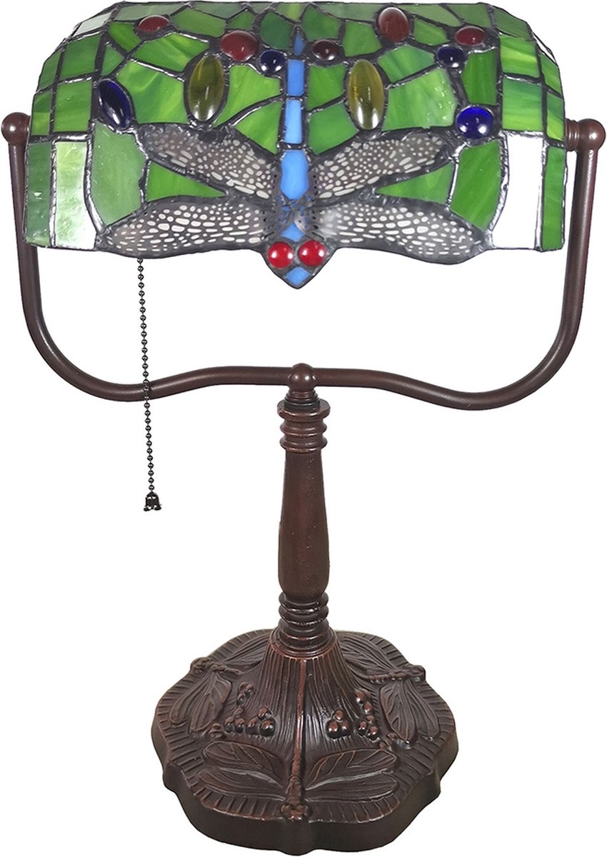 Clayre & Eef Lumilamp Bureaulamp Tiffany 25*25*42 Cm E27/max 1*60w Meerkleurig Polyresin / Glas Libelle 5ll-6012 - Groen
