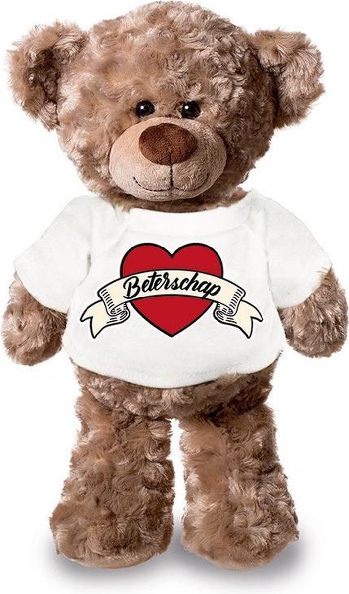 Bellatio Decorations Beterschap Pluche Teddybeer Knuffel 24 Cm Met T-shirt - Beterschap / Cadeau Knuffelbeer - Wit