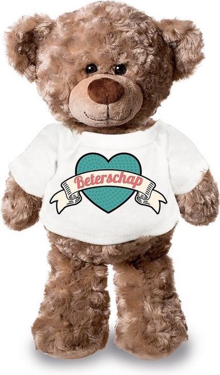 Bellatio Decorations Beterschap Pluche Teddybeer Knuffel 24 Cm Met Retro T-shirt - Beterschap / Cadeau Knuffelbeer - Wit