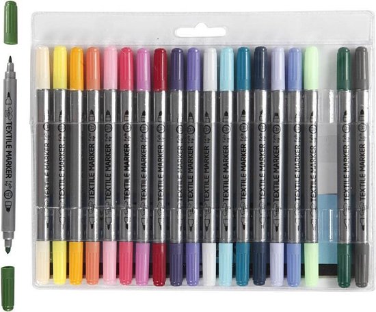 20x Gekleurde Textielstiften Op Waterbasis - Stof/textiel Pennen Met Dubbele Punt In Diverse Kleuren