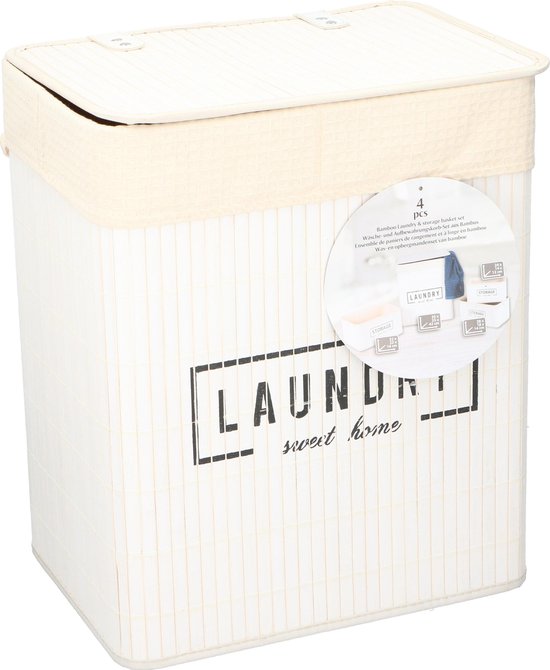 MaxiMondo Set Manden - Bamboe - 4-delig - Wasmand En 3 Opbergmanden - - Wit