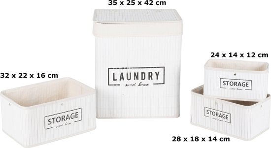 MaxiMondo Set Manden - Bamboe - 4-delig - Wasmand En 3 Opbergmanden - - Wit