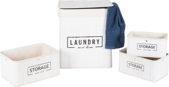 MaxiMondo Set Manden - Bamboe - 4-delig - Wasmand En 3 Opbergmanden - - Wit