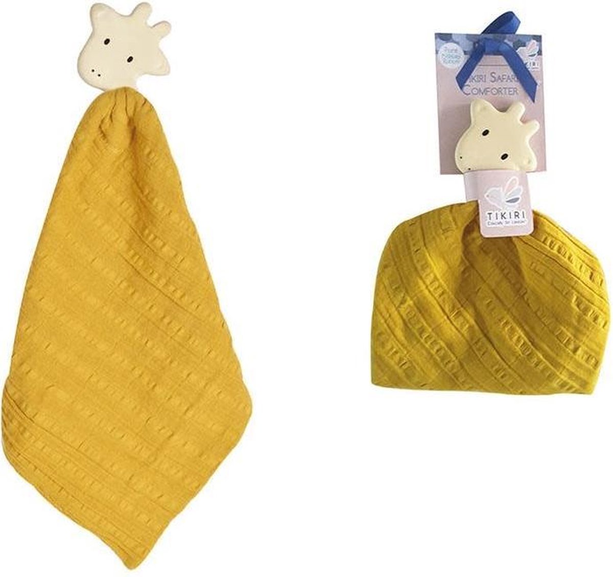 Tikiri Safari: Knuffeldoekje - Giraf Met Hoofdje In Natuurlijk Rubber (Bijtring) 25x23cm, Op Kaart, 0+ - Geel