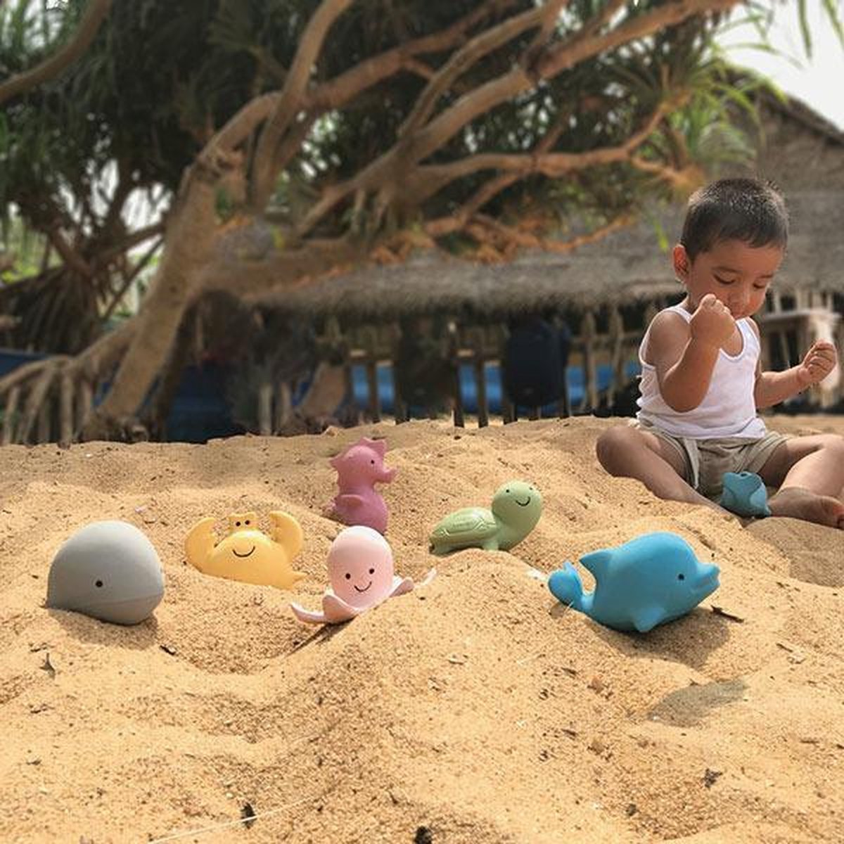 Tikiri : Mijn Eerste Oceaandiertje / Dolfijn 6cm, In Natuurlijk Rubber, Met Belletje, Met Hangkaart, 0+ - Blauw