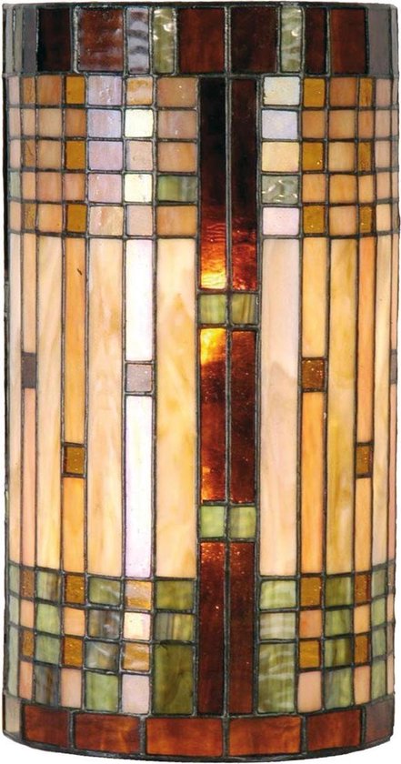 Clayre & Eef Tiffany Wandlamp Cilinder Compleet Armadillo Serie -, Geel, Multi Colour - Ijzer, Glas - Beige