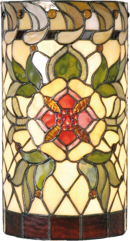 Clayre & Eef Tiffany Wandlamp Cilinder Compleet Red Flower Serie -, Rood, Multi Colour - Ijzer, Glas - Groen