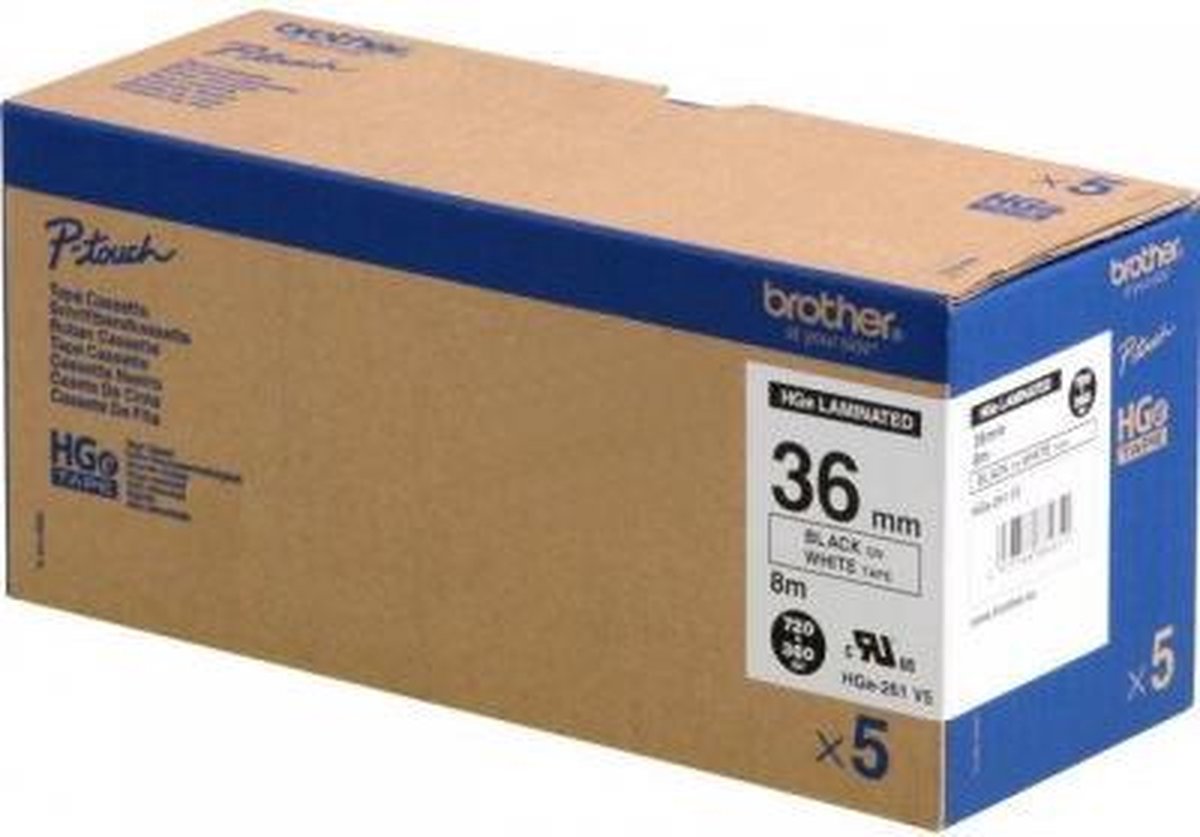 Brother HG-261 36mm - black on white 5 pack High Grade tape only for PT-9500PC. PT-9700PC en PT-9800PCN