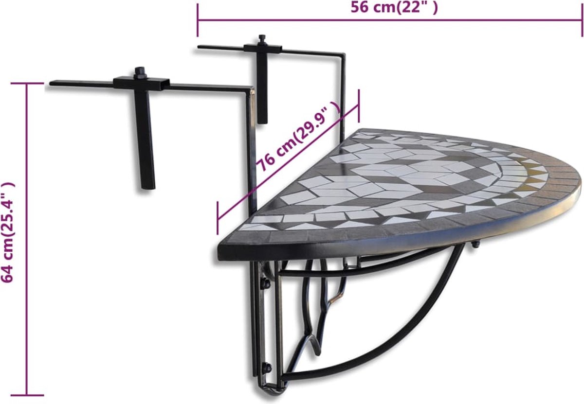 Vidaxl Balkontafel Hangend Mozaïek-wit Half-rond - Zwart