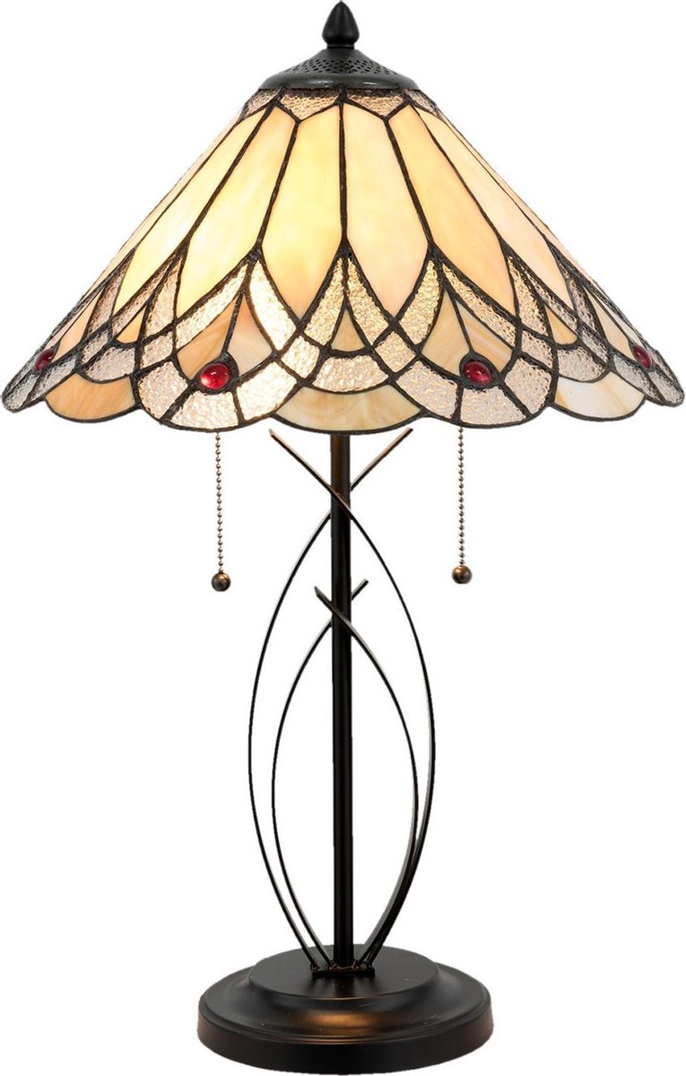 Clayre & Eef Tafellamp Tiffany ø 40x60 Cm / E27 / Max. 2x60 Watt - Multi Colour - Ijzer, Glas - Beige