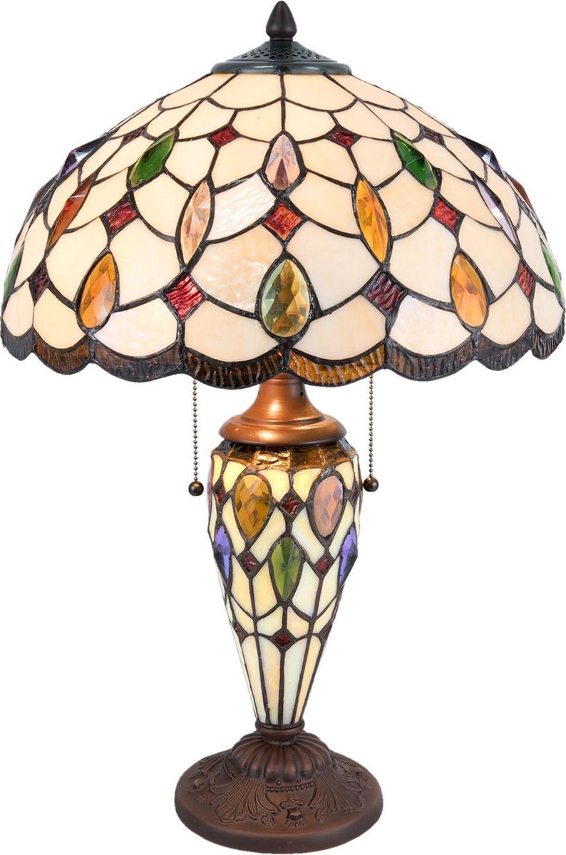 Clayre & Eef Tafellamp Tiffany ø 40x60 Cm E27/max. 2x60 W/e14/max.1x15w - Multi Colour - Ijzer, Glas - Beige