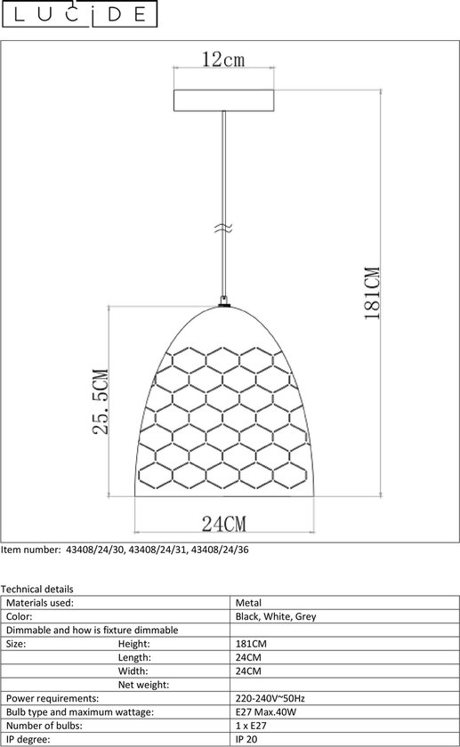 Lucide - Galla Hanglamp 25.5cm - - Grijs