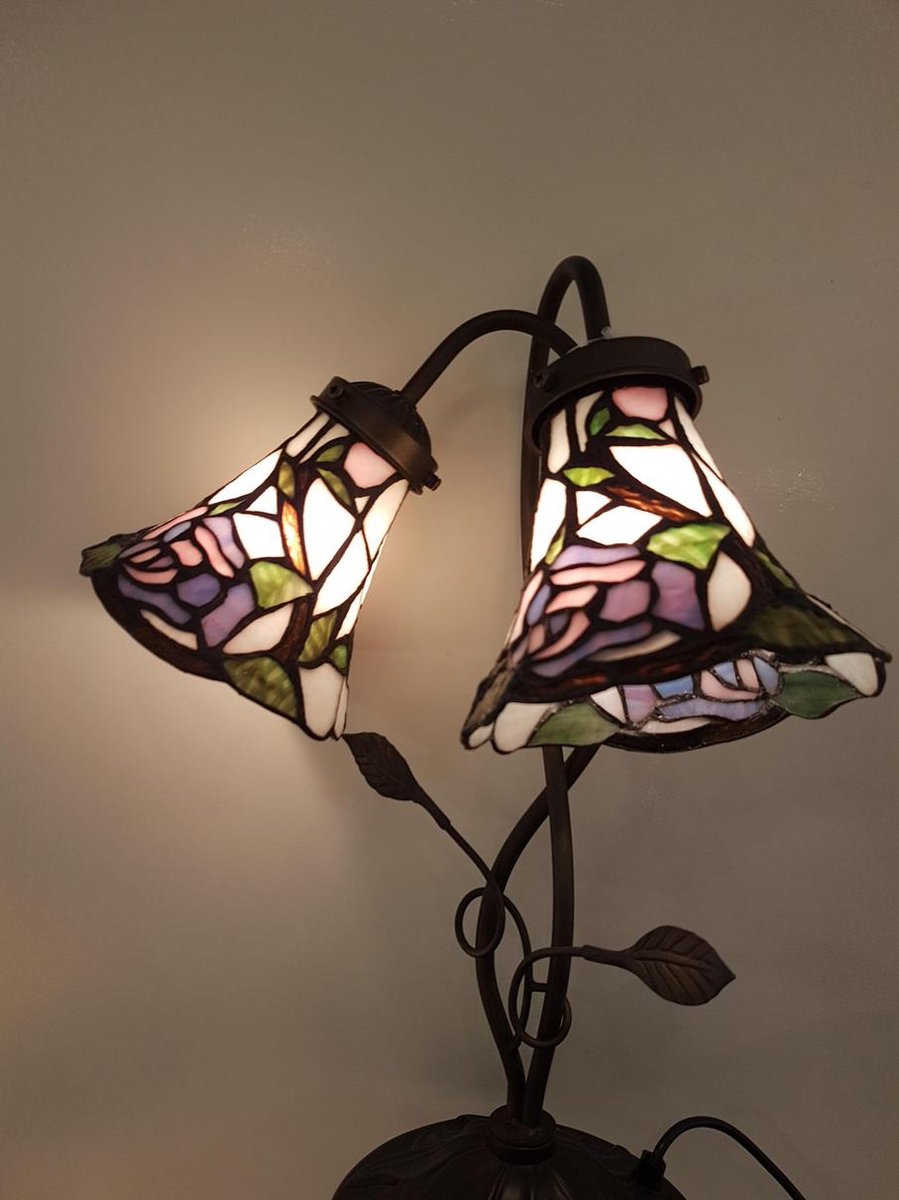 Clayre & Eef Tafellamp Tiffany Compleet 34x28x47 Cm 2x E14 Max 40w -, Groen, Multi Colour - Ijzer, Glas - Bruin