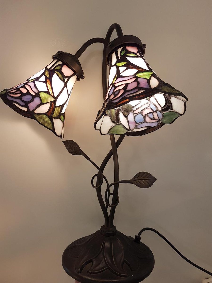 Clayre & Eef Tafellamp Tiffany Compleet 34x28x47 Cm 2x E14 Max 40w -, Groen, Multi Colour - Ijzer, Glas - Bruin