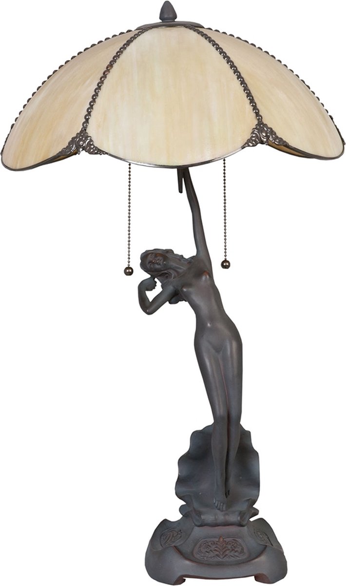 Clayre & Eef Tafellamp Tiffany Compleet ø 41x70 Cm 2x E27 Max. 60w. - Brons, Ivory, - Ijzer, Glas - Beige