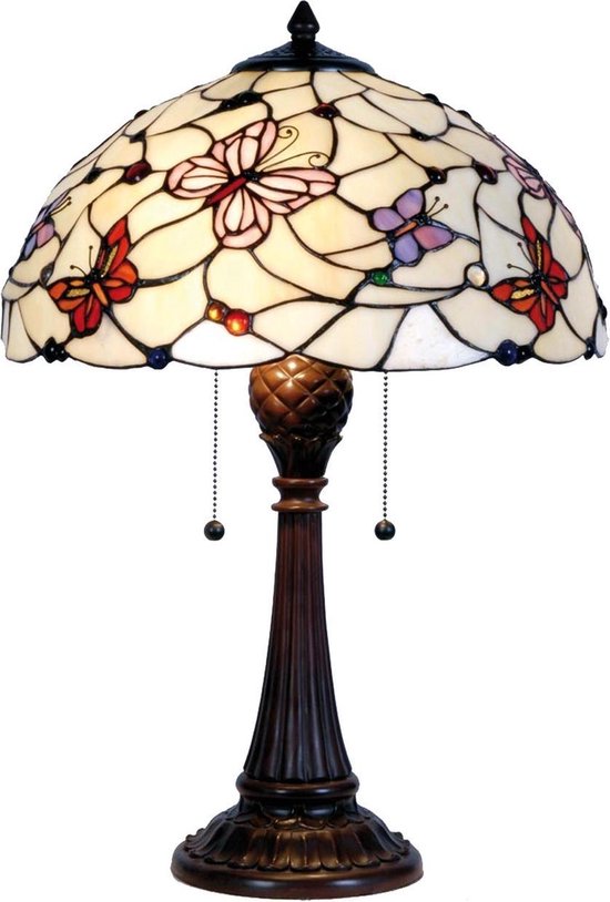 Clayre & Eef Tafellamp Tiffany Met Vlinders Compl. Ø 41x60 Cm 2x E27/60w,, Rood, Aubergine - Ijzer, Glas - Bruin