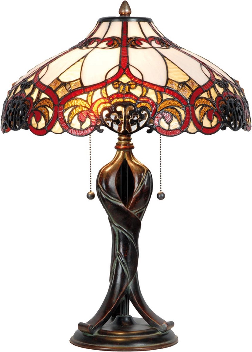 Clayre & Eef Tafellamp Met Tiffany Kap 56 X ø 41 Cm -, Rood, Geel, Ivory - Ijzer, Glas - Bruin