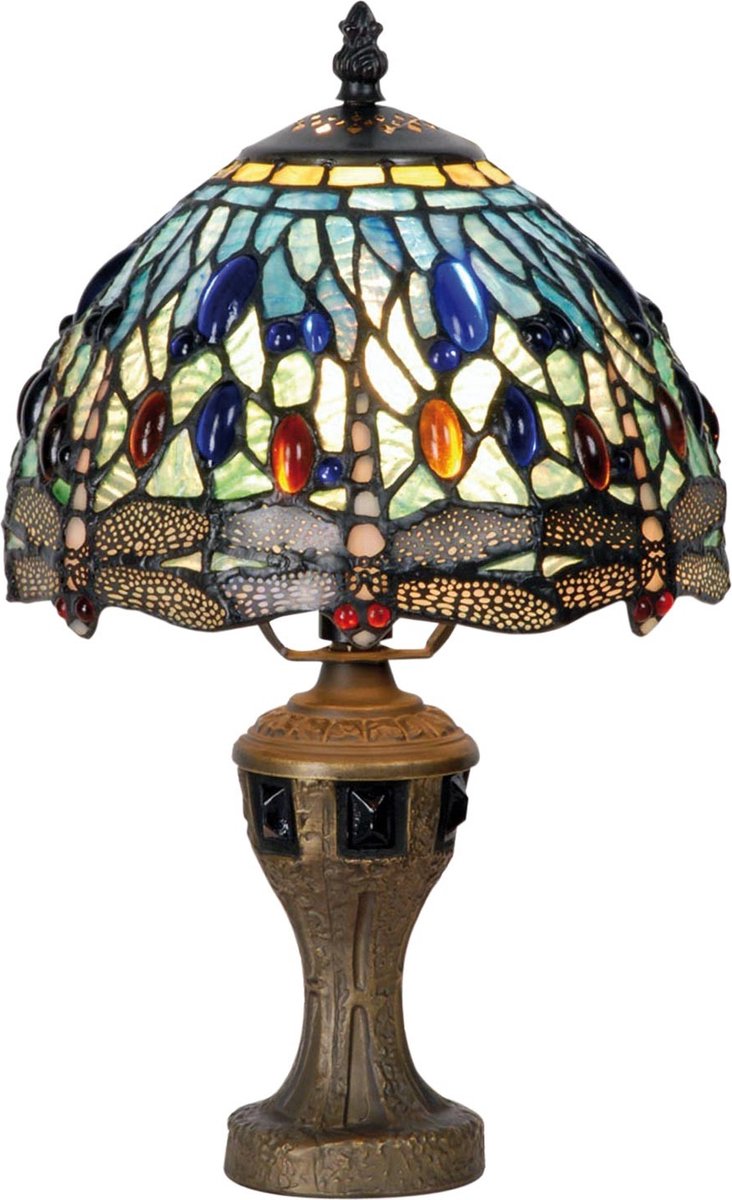 Clayre & Eef Lampje Met Tiffanykapje Dragonfly 33xø21cm 1x E14 Max 40w., Brons, - Ijzer, Glas - Blauw