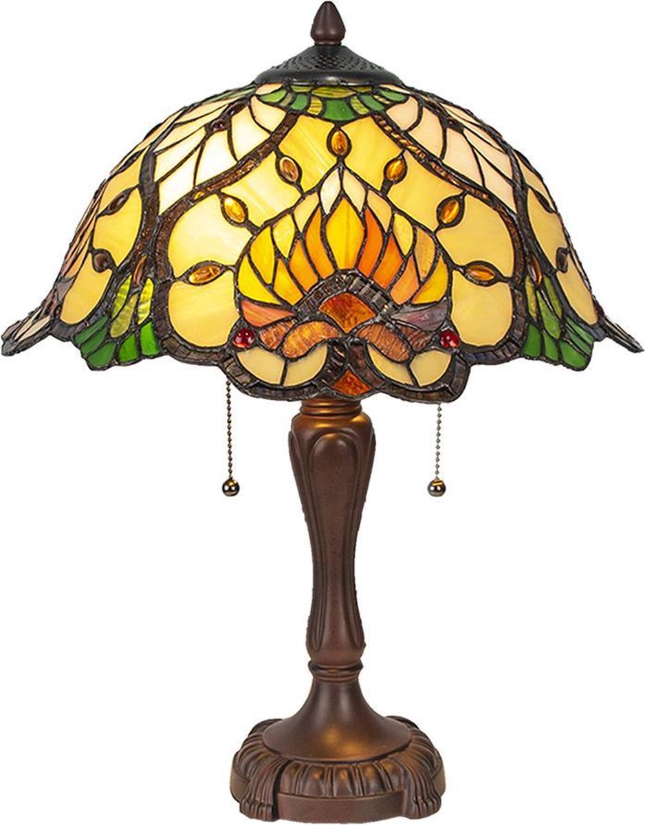 Clayre & Eef Tafellamp Tiffany Waaier Motief Compleet 50 X ø 40 Cm -,, Geel, Multi Colour - Ijzer, Glas - Bruin