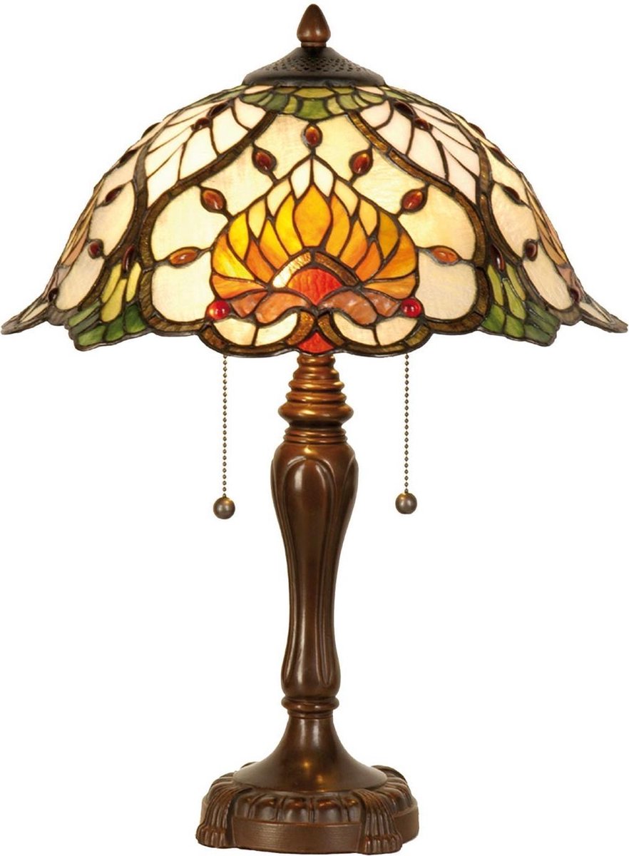 Clayre & Eef Tafellamp Tiffany Waaier Motief Compleet 50 X ø 40 Cm -,, Geel, Multi Colour - Ijzer, Glas - Bruin