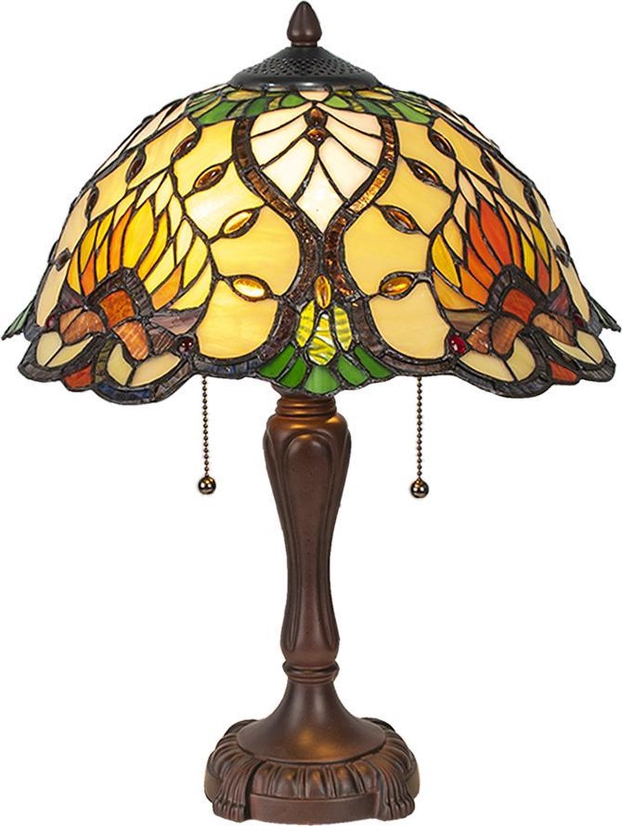 Clayre & Eef Tafellamp Tiffany Waaier Motief Compleet 50 X ø 40 Cm -,, Geel, Multi Colour - Ijzer, Glas - Bruin