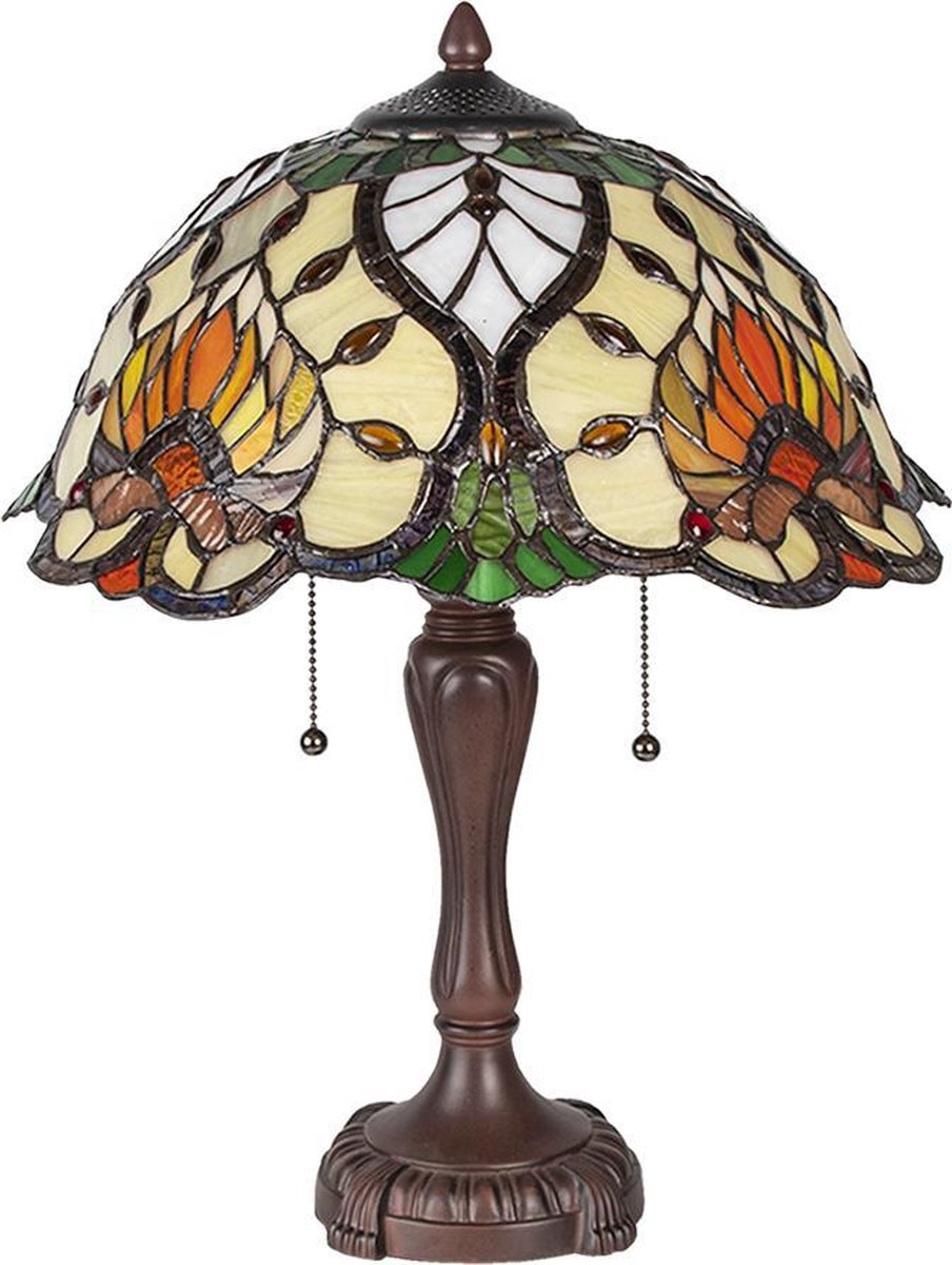 Clayre & Eef Tafellamp Tiffany Waaier Motief Compleet 50 X ø 40 Cm -,, Geel, Multi Colour - Ijzer, Glas - Bruin