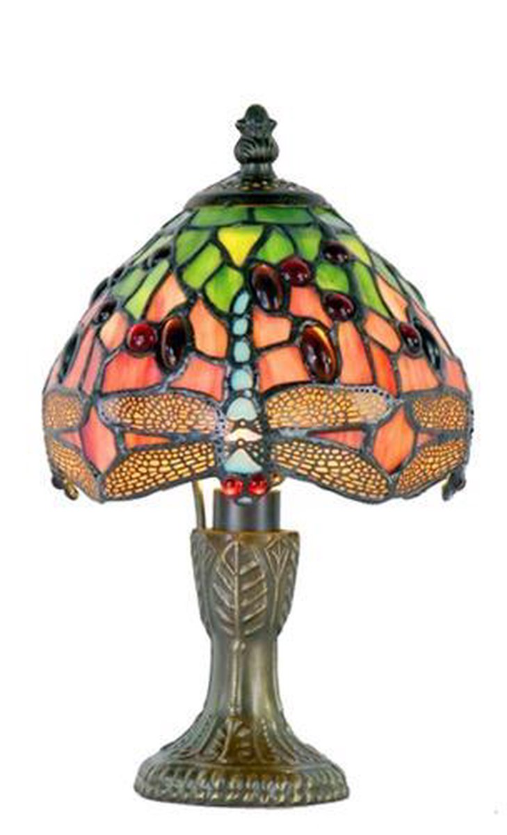 Clayre & Eef Tiffany Tafellampje Dragonfly Blue Serie -,, Roze, Multi Colour - Ijzer, Glas - Groen