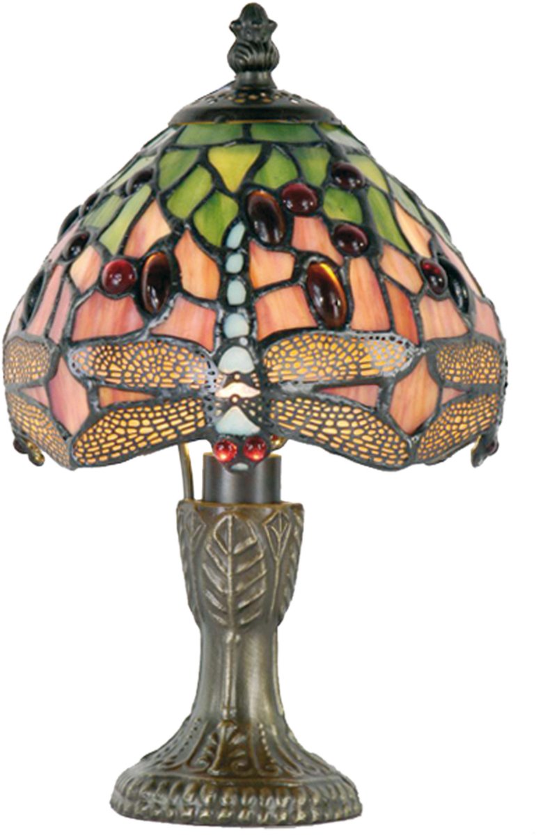 Clayre & Eef Tiffany Tafellampje Dragonfly Blue Serie -,, Roze, Multi Colour - Ijzer, Glas - Groen