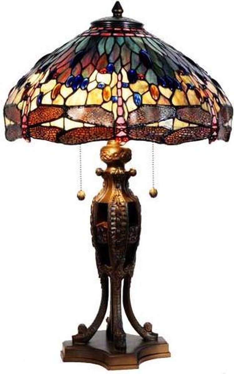 Clayre & Eef Tafellamp Met Tiffanykap Dragonfly 64 X ø 42 Cm -,, Multi Colour, Aubergine - Ijzer, Glas - Bruin