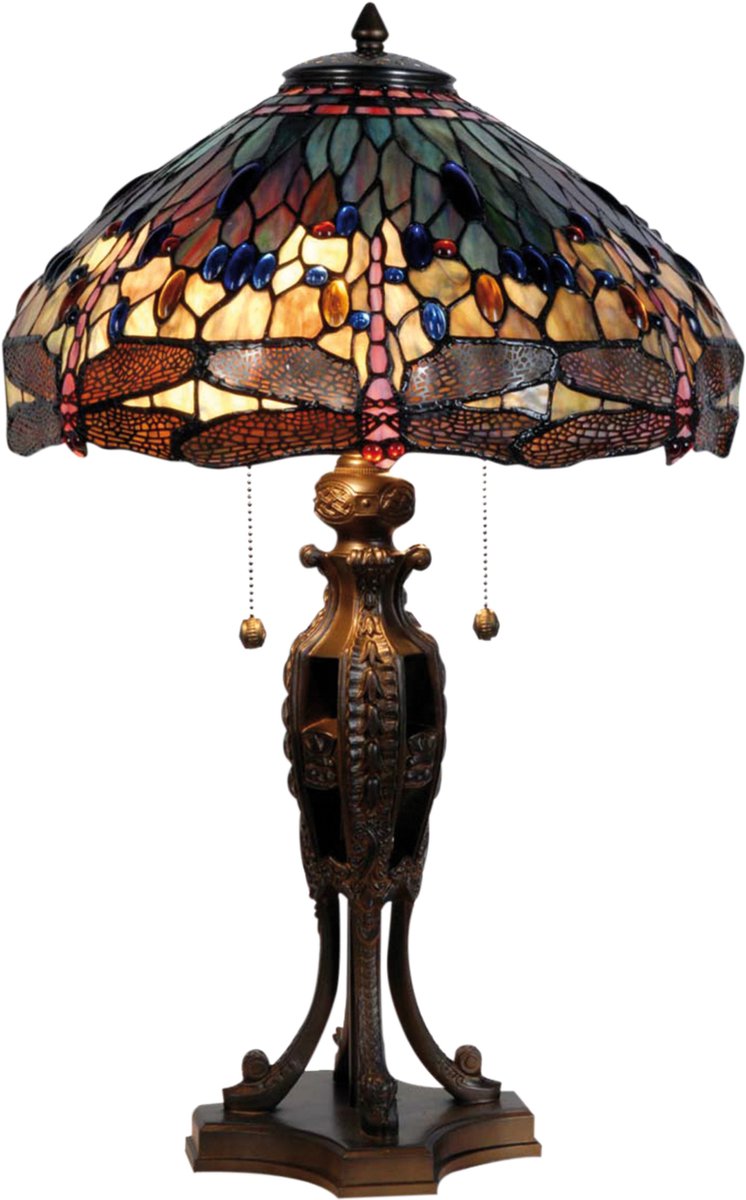 Clayre & Eef Tafellamp Met Tiffanykap Dragonfly 64 X ø 42 Cm -,, Multi Colour, Aubergine - Ijzer, Glas - Bruin