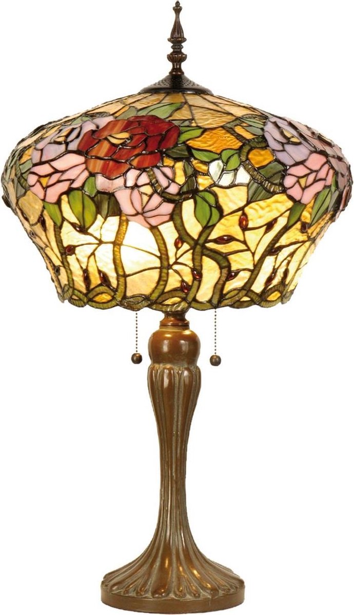 Clayre & Eef Tafellamp Tiffany Compleet 72 X ø 40 Cm, Groen,, Multi Colour - Ijzer, Glas - Bruin