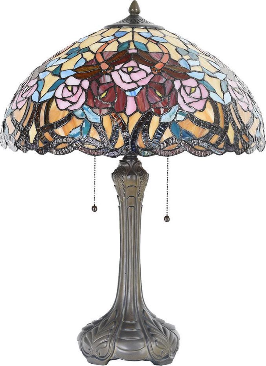 Clayre & Eef Tafellamp Tiffany Compleet ø 46x64 Cm 2x E27 Max 60w. -,, Geel, Multi Colour - Ijzer, Glas - Bruin