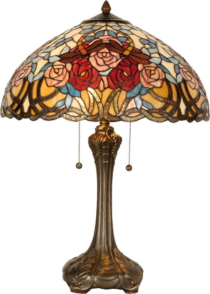 Clayre & Eef Tafellamp Tiffany Compleet ø 46x64 Cm 2x E27 Max 60w. -,, Geel, Multi Colour - Ijzer, Glas - Bruin
