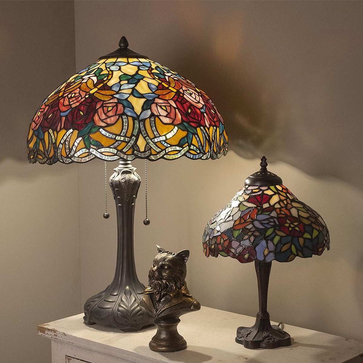 Clayre & Eef Tafellamp Tiffany Compleet ø 46x64 Cm 2x E27 Max 60w. -,, Geel, Multi Colour - Ijzer, Glas - Bruin
