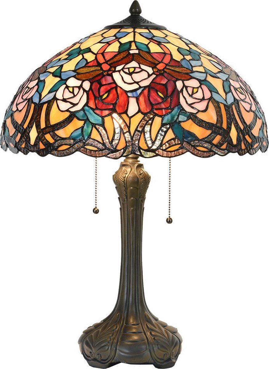Clayre & Eef Tafellamp Tiffany Compleet ø 46x64 Cm 2x E27 Max 60w. -,, Geel, Multi Colour - Ijzer, Glas - Bruin