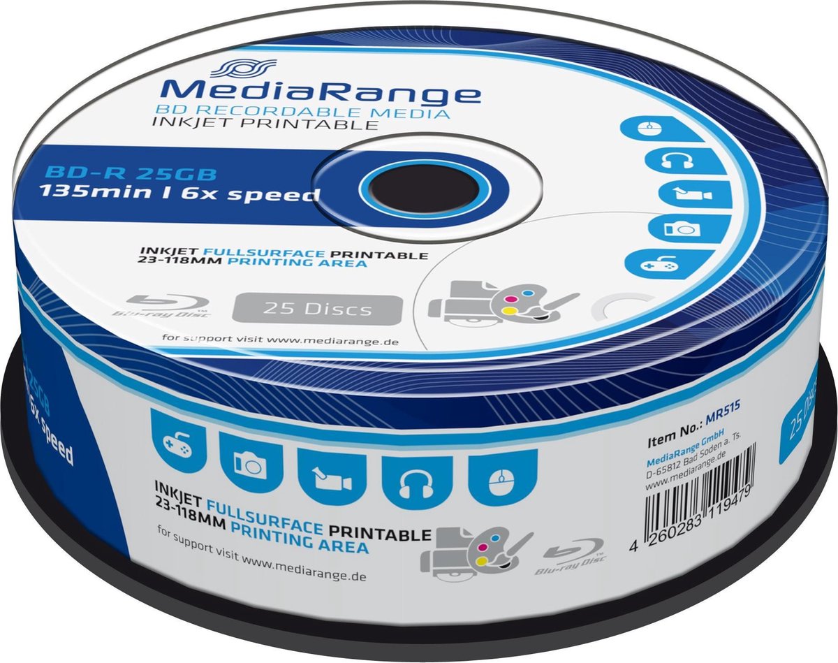 MediaRange MR515 Lees/schrijf blu-ray disc BD-R 25 GB 25 stuk(s)